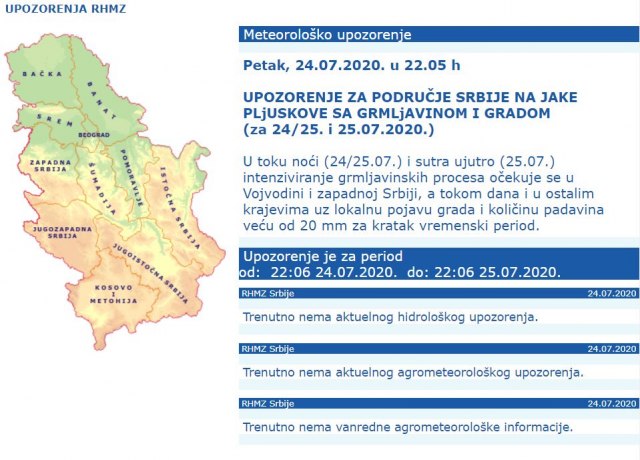 Uključen Narandžasti Meteoalarm - RHMZ Upozorava FOTO - B92